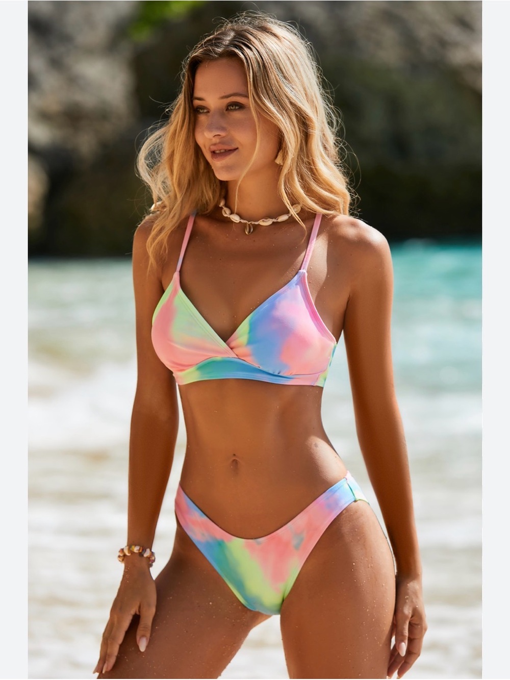 Pastel Tie-Dye V-Neck Bikini Set fun colorful beach resortwear vacation swimsuit